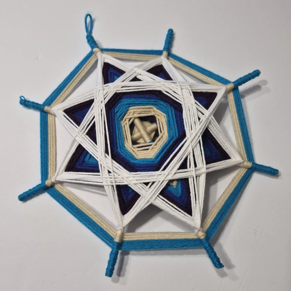 ​Handmade 8-Point Ojo de Dios Mandala - Navy & Royal Blue Yarn Wall Art 11